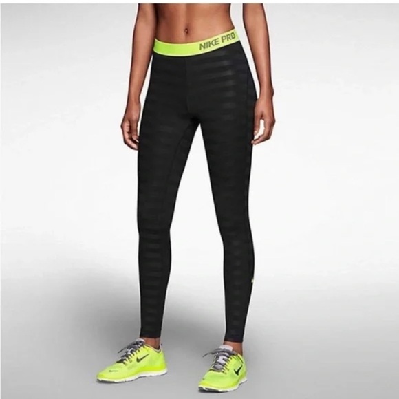 Nike Pro Black and Neon Green Leggings - Picture 1 of 4